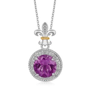 18K Yellow Gold and Sterling Silver Amethyst and Diamonds Fleur De Lis Pendant