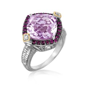 18K Yellow Gold and Sterling Silver Pink Amethyst  Rhodolite and Diamond Ring