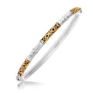 18K Yellow Gold and Sterling Silver Slim Bangle with Bead and Filigree Motifs