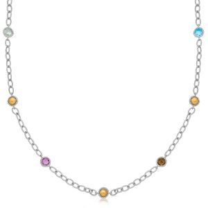 18K Yellow Gold and Sterling Silver Multi Gemstone Necklace
