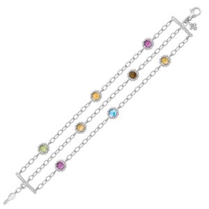 18K Yellow Gold and Sterling Silver 3 Chain Design Bracelet with Multi Stones