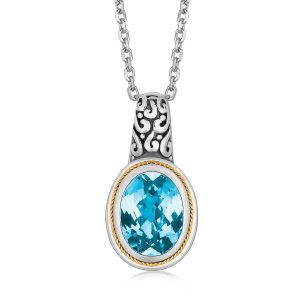 18K Yellow Gold and Sterling Silver Necklace with Blue Topaz Milgrained Pendant