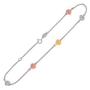 14K Yellow and Rose Gold and Sterling Silver Anklet with Filigree Heart Stations