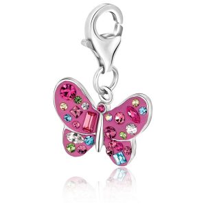 Sterling Silver Butterfly Charm with Multi Tone Crystal Embellishments