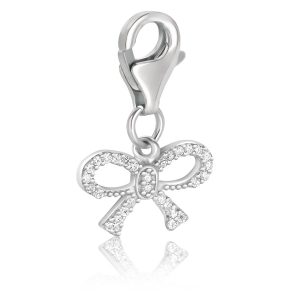 Sterling Silver Ribbon Charm with White Tone Crystal Accents