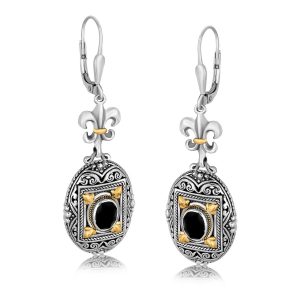 18K Yellow Gold and Sterling Silver Earrings with Framed Black Onyx Accents