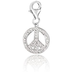 Sterling Silver Peace Symbol White Tone Crystal Studded Charm