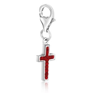 Sterling Silver Cross Charm with Red Tone Crystal Accents