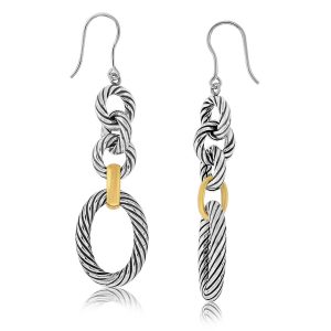 18K Yellow Gold and Sterling Silver Polished Dangling Earrings