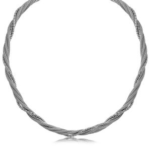 Sterling Silver Rhodium Plated Multi Strand Wheat and Bead Chain Necklace
