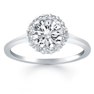 14K White Gold Diamond Halo Cathedral Engagement Ring