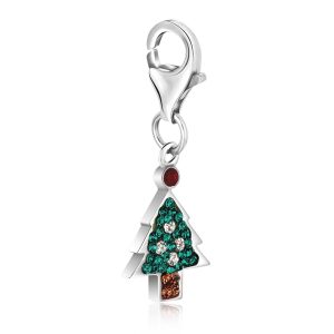 Sterling Silver Christmas Tree Charm with Multi Color Crystal Accents