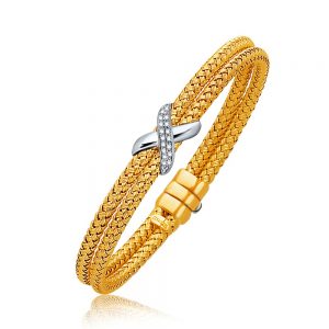 Basket Weave Bangle with Diamond Cross Accent in 14K Yellow Gold (7.0mm)