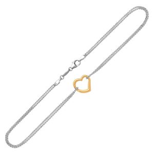 14K Yellow Gold and Sterling Silver Anklet with a Single Open Heart Station