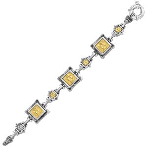 18K Yellow Gold and Sterling Silver Bracelet with Relief Style Square Links
