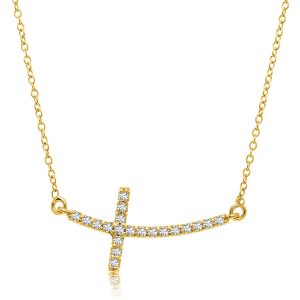 14K Yellow Gold Curved Crucifix Diamond Accented Necklace (.21ct tw)
