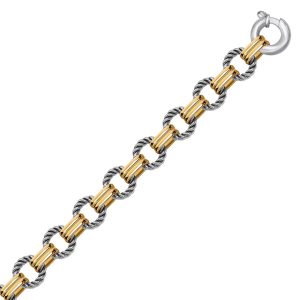 18K Yellow Gold and Sterling Silver Polished and Round Cable Chain Bracelet