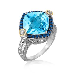 18K Yellow Gold and Sterling Silver Cushion Blue Topaz  Iolite  and Diamond Ring