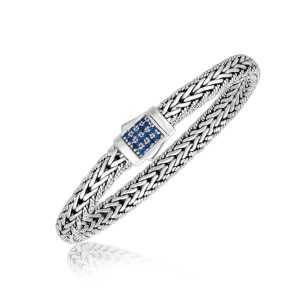 Sterling Silver Braided Men's Bracelet with Blue Sapphire Stones