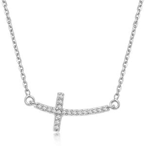 14K White Gold Curved Cross Diamond Studded Necklace (.11ct tw)