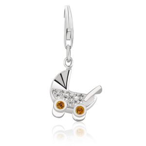 Sterling Silver Baby Stroller Charm with White and Citrine Tone Crystal Accents