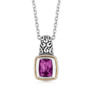 18K Yellow Gold and Sterling Silver Necklace with Milgrained Amethyst Pendant