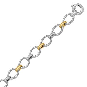 18K Yellow Gold and Sterling Silver Rhodium Plated Cable Motif Chain Bracelet