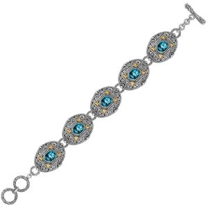 18K Yellow Gold and Sterling Silver Bracelet with Framed Blue Topaz Accents