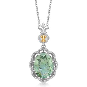 18K Yellow Gold and Sterling Silver Green Amethyst Drop Pendant (.03 ct. tw.)