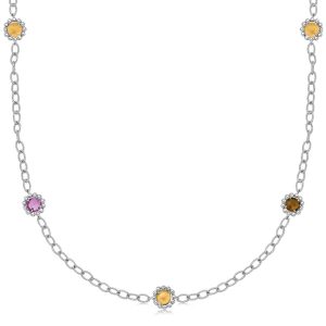 18K Yellow Gold and Sterling Silver Long Multi Gem Accentuated Necklace
