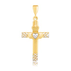 14K Two-Tone Gold Cross Pendant with a Claddagh Motif