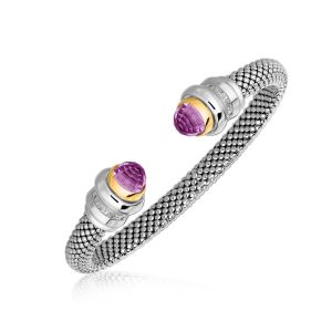 18K Yellow Gold and Sterling Silver Mesh Cuff Bangle with Amethyst (.11 ct. tw.)