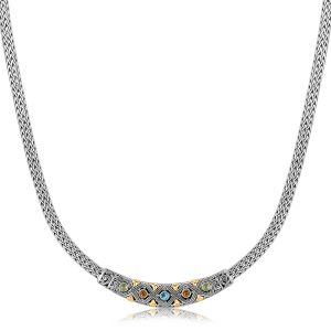 18K Yellow Gold and Sterling Silver Wheat Chain Necklace with Multi Gem Accents