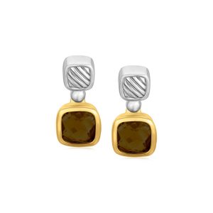 18K Yellow Gold and Sterling Silver Cushion Smokey Topaz Accented Drop Earrings