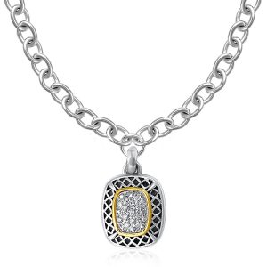 Designer Sterling Silver and 14K Yellow Gold Cushion Shape Pave Diamond Pendant