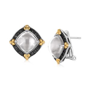 18K Yellow Gold and Sterling Silver Cabochon Earrings with Black Sapphire Edging