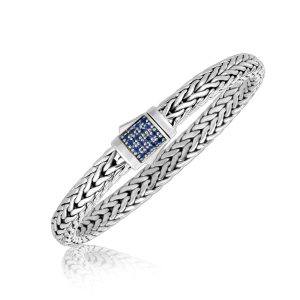 Sterling Silver Braided Men's Bracelet with Blue Sapphire Accents
