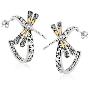 18K Yellow Gold and Sterling Silver Baroque Inspired Dragonfly Hoop Earrings