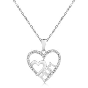 Sterling Silver MOM Dual Heart Diamond Studded Pendant (.09 ct t.w.)