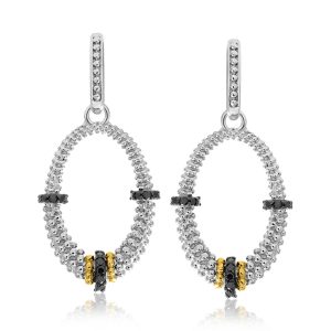 18K Yellow Gold & Sterling Silver Black Diamond Graduated Oval Earrings