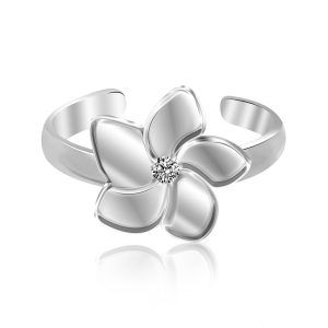 Sterling Silver Rhodium Plated White Cubic Zirconia Floral Toe Ring