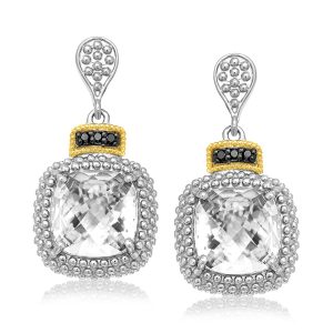 18K Yellow Gold & Sterling Silver Rock Crystal & Black Diamond Earrings