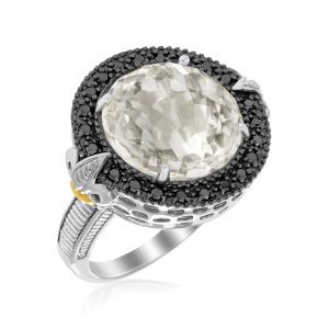 18K Yellow Gold & Sterling Silver Round Rock Crystal and Black Diamonds Ring