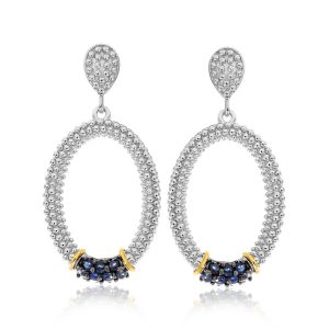 18K Yellow Gold & Sterling Silver Popcorn Oval Blue Sapphire Accented Earrings