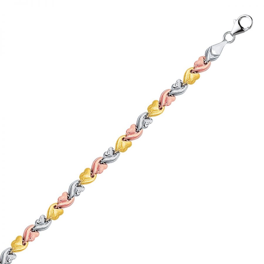 14K Yellow and Rose Gold and Sterling Silver  Bracelet with Chain Puffed Hearts
