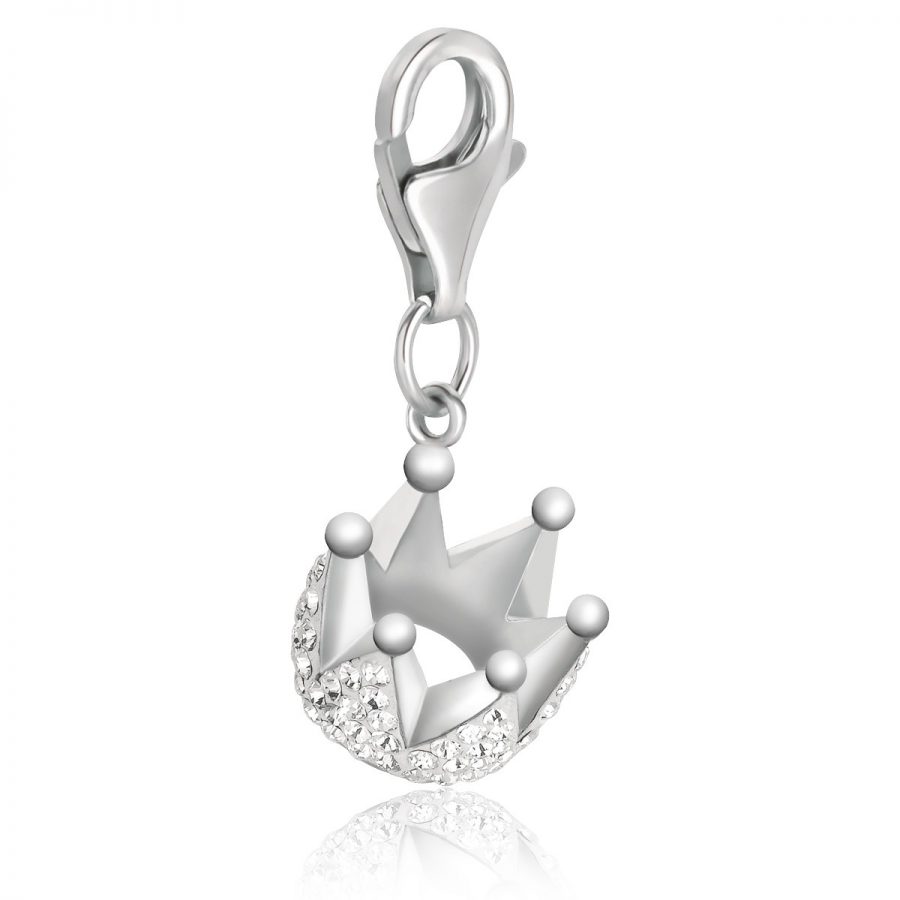 Sterling Silver Crown Charm with White Tone Crystal Embellishments