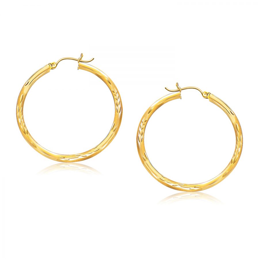 14K Yellow Gold Fancy Diamond Cut Hoop Earrings (35mm Diameter)