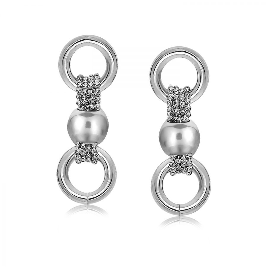 Sterling Silver Rhodium Plated Bead Chain Earrings with Rings and Barrel Motifs