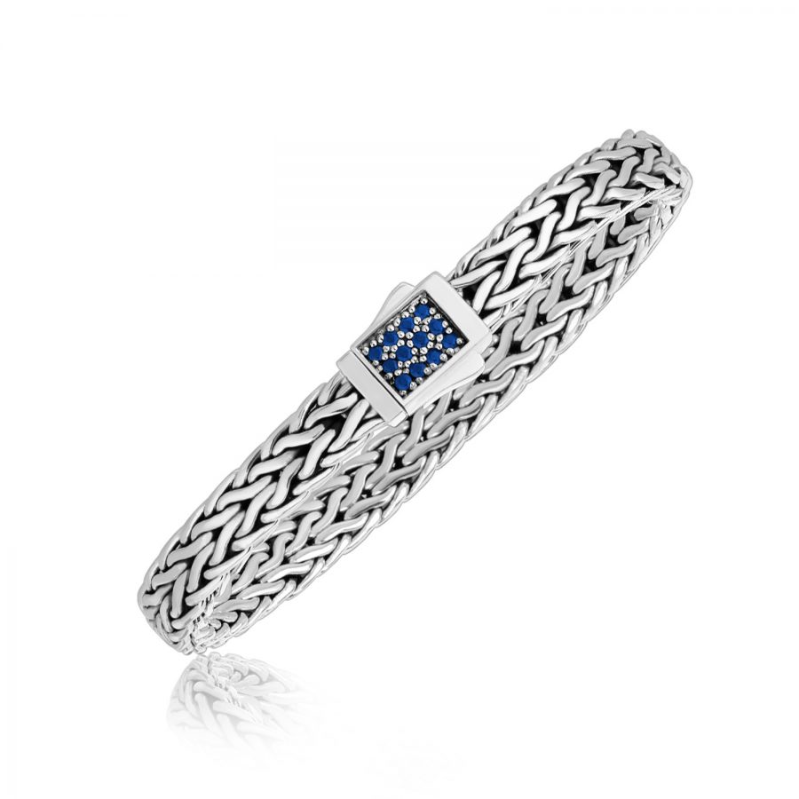 Sterling Silver Braided Men's Bracelet with a Blue Sapphire Designed Clasp