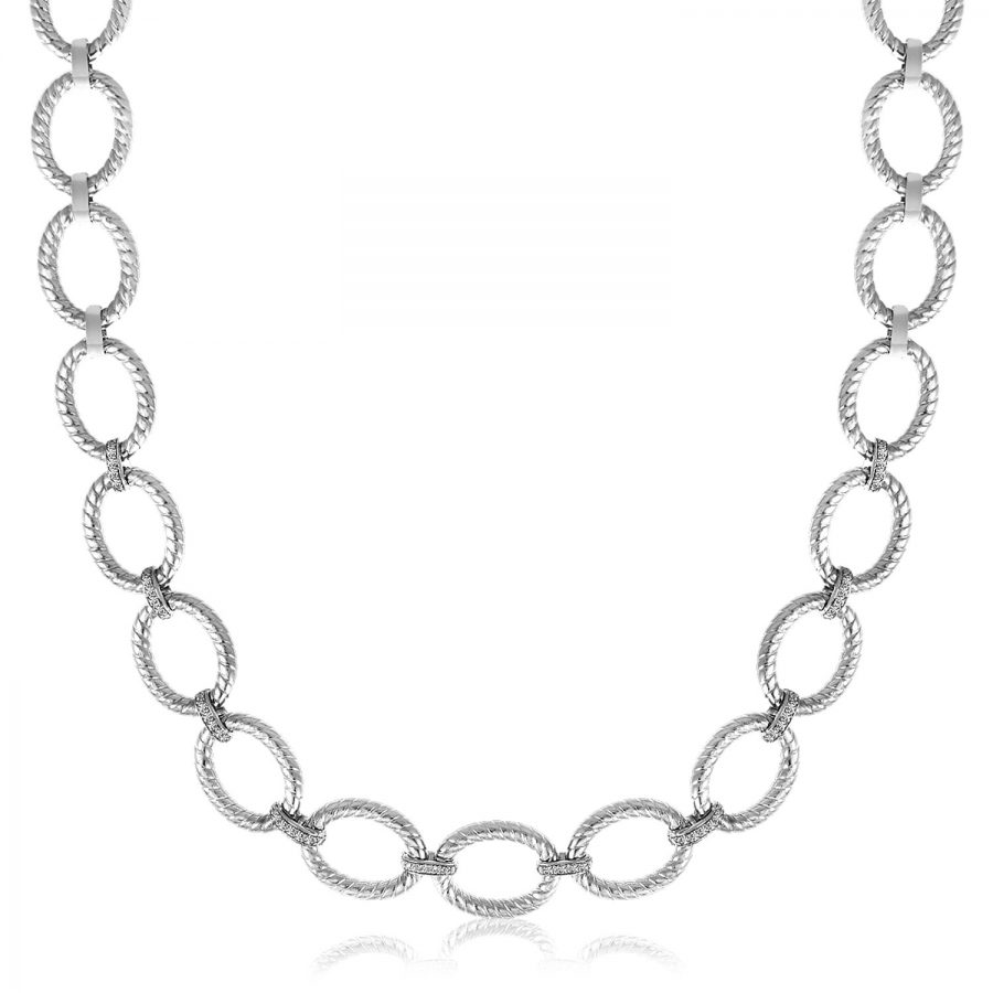 Sterling Silver Rhodium Plated Diamond Accented Rope Oval Necklace (.26ct tw)